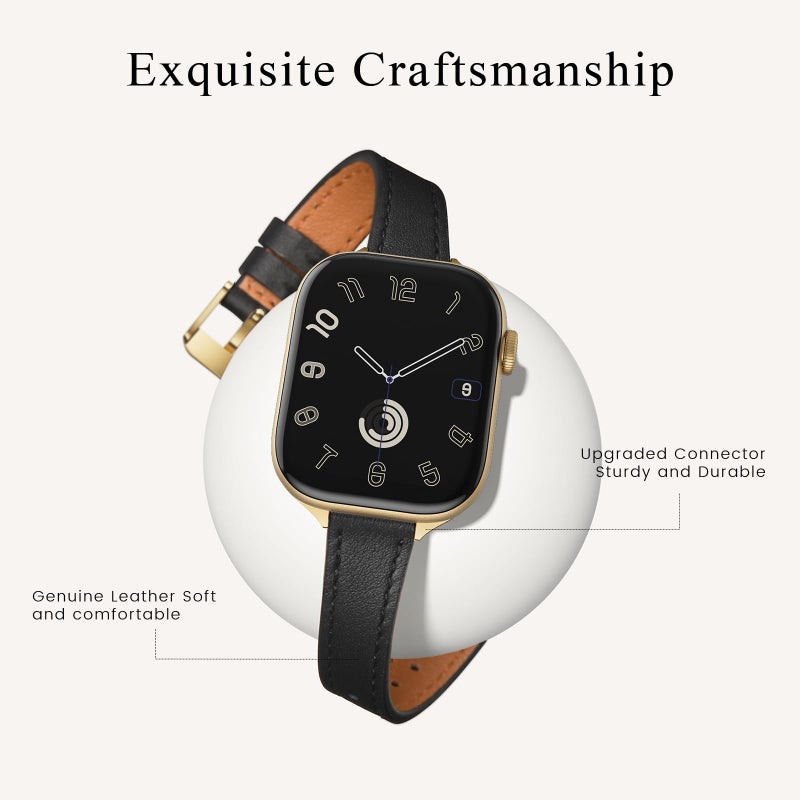 STIROLL Slim Leather Bands Compatible with Apple Watch Band 38mm 40mm 41mm 42mm(Series 11 10), Top Grain Leather Watch Thin Wristband for iWatch SE 9 8 7 6 5 4 3 2 1 (Black Gold) - Image 2
